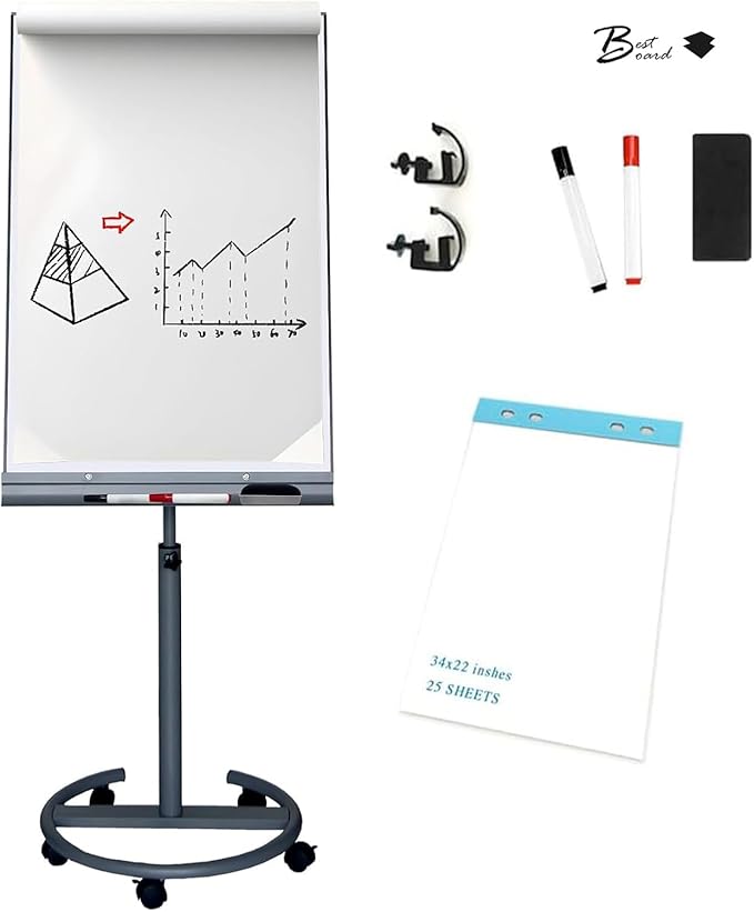 BEST BOARD Mobile Whiteboard with Stand 26x40 Inch Adjustable Height Rolling Whiteboard on Wheels, Magnetic Dry Erase Board with Flip Chart Easel Stand, Paper Pad for Office, Classroom