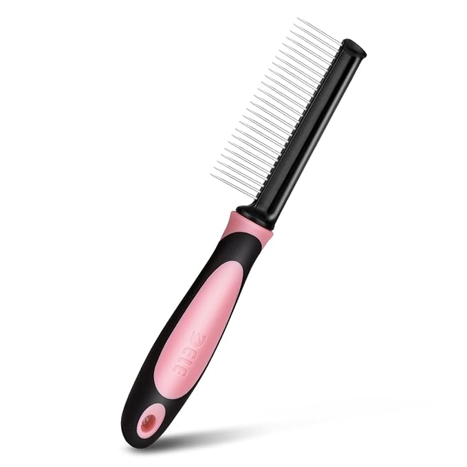 Flexzion Dog Comb - Pet Cat Grooming Trimmer Brush Stainless Steel Blade for Small Animal Puppy Matted Tangles Hair Cutting Removing Tool with Rounded Teeth Needle Soft Grip Handle (Pink)
