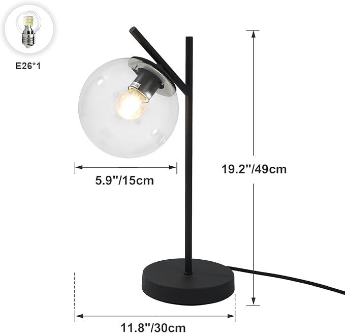 Mid Century Table Lamp Vintage Bedroom Desk Lamp Black Nightstand Lamp Contemporary Clear Glass Globe Bedside Lamp for Office Study Room
