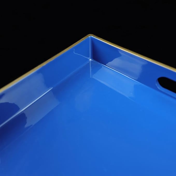 Blue Decorative Coffee Table Tray, Rectangular Plastic Serving Tray with Handles for Living Room, Ottoman, Bathroom, 15.7"*10.2"