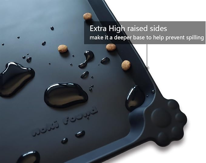 Hoki Found XX-Large Silicone Pet Food Mats - Non-Slip Dog & Cat Feeding Mats - Waterproof for Carpet - Black