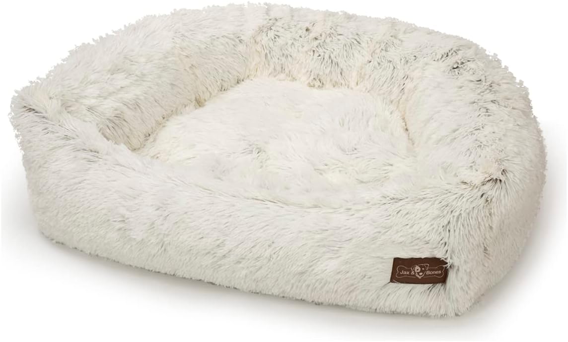 Jax & Bones Dog Napper - Machine Washable Shag Bed for Dogs - Extra Heavy Duty Bolstered Sides - Small White Dog Mat | 24 x 21 Inches