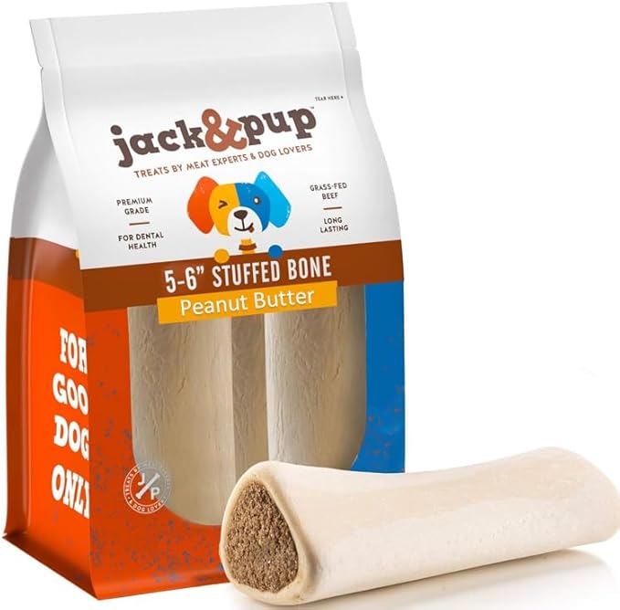 Jack&Pup 5-6" Filled Dog Bones for Large Dogs, Flavored Shin Dog Bones Long Lasting, Stuffed Bone for Dogs, High Protein, Peanut Butter Flavor - 3 Pack