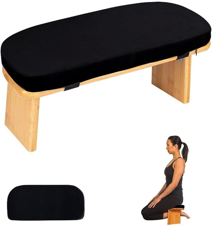 Meditation Bench with Cushion Foldable Ergonomic Bamboo Kneeling Stool Seiza Bench Wooden Meditation Stool Chair Zen Lotus Yoga Stool Floor Sitting Prayer Bench Removable Pillow