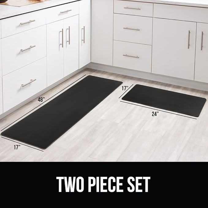 GORILLA GRIP 2 Pack Comfortable Cushioned Kitchen Mats for Floor, 17x24 + 17x48, Waterproof and Stain Resistant, 1/2 Inch Thick Soft Ergonomic Standing Desk Anti Fatigue Mat, Foam Supports Feet, Black