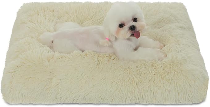 Bedfolks Waterproof Dog Crate Pad, Plush Dog Kennel Bed with Removable Cover, Faux Fur, Washable, 17"x12", Cream