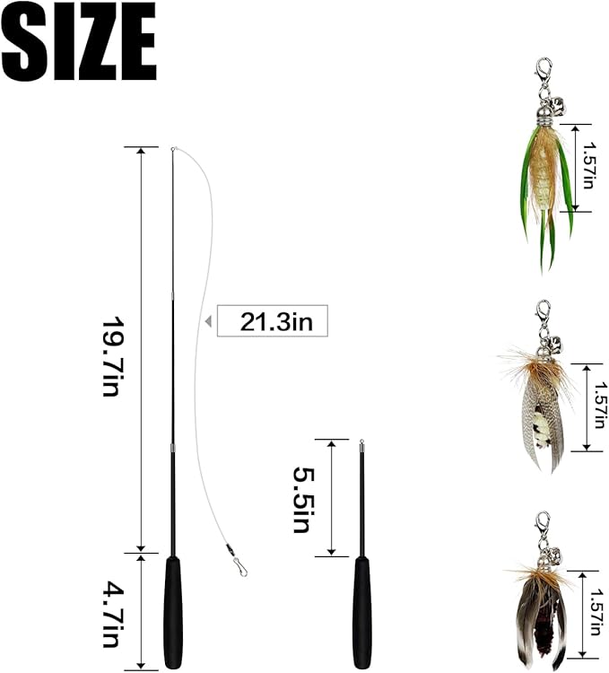 TTcat Cat Feather Wand Toys,Retractable Wand Toy with 3 Mini Insect Refills, Transparent Carbon Wire,Interactive Cat Toy Kitten Toy for Indoor Cats to Play Chase Exercis