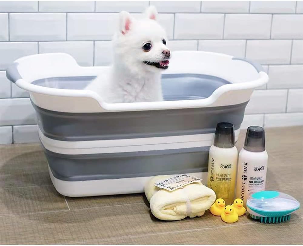 Collapsible Pet Bathtub, 7.1 Gal (27L) - Foldable Bathing Tub with Drain Plug for Dogs & Cats Under 30 lbs - Multi-Use as Laundry Basket, Storage Organizer, Camping Sink (Grey)