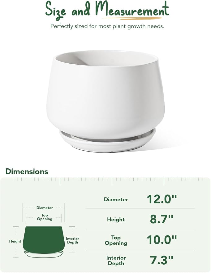 LE TAUCI Ceramic Planters, 12 Inch Pots for Plants, Plant Pots with Drainage Holes and Saucers, Durable and Modern, Planters for Indoor Plants, White