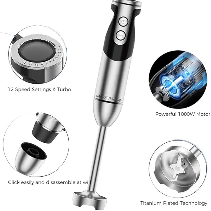 MegaWise Pro Titanium Reinforced 3-in-1 Immersion Hand Blender, Powerful Copper