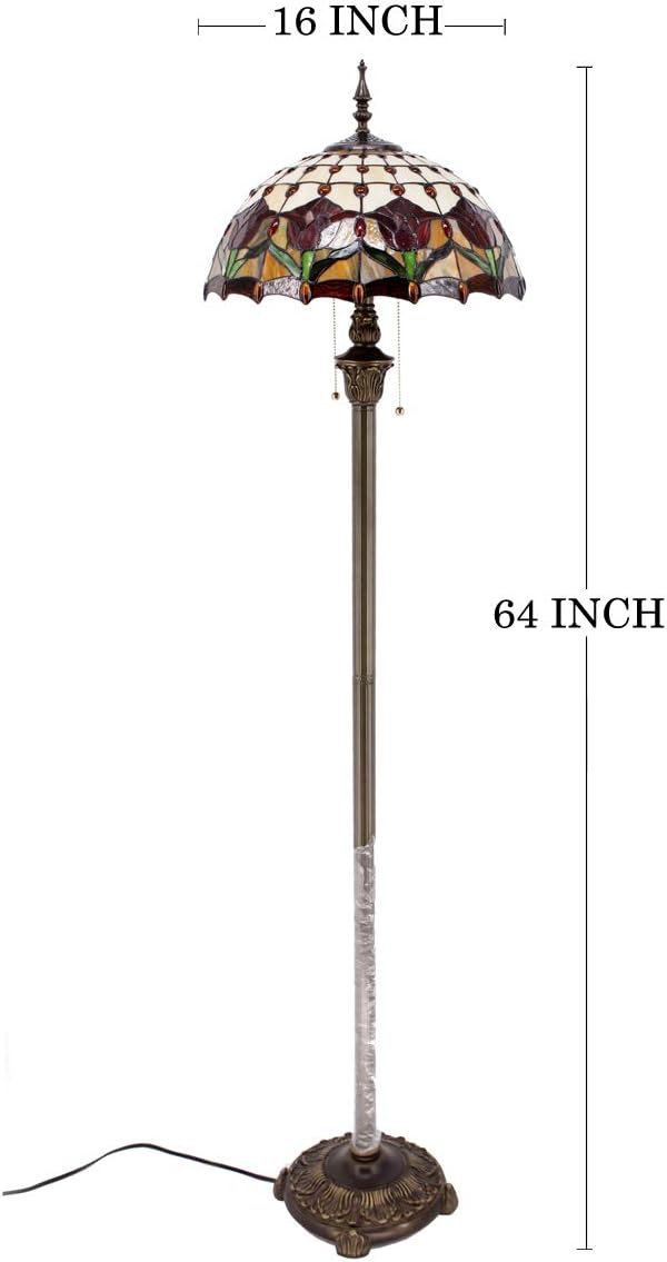 WERFACTORY Tiffany Floor Lamp Red Amber Tulip Flower Stained Glass Standing Reading Light 16X16X64 Inches Antique Pole Corner Lamp Decor Bedroom Living Room Home Office S030 Series