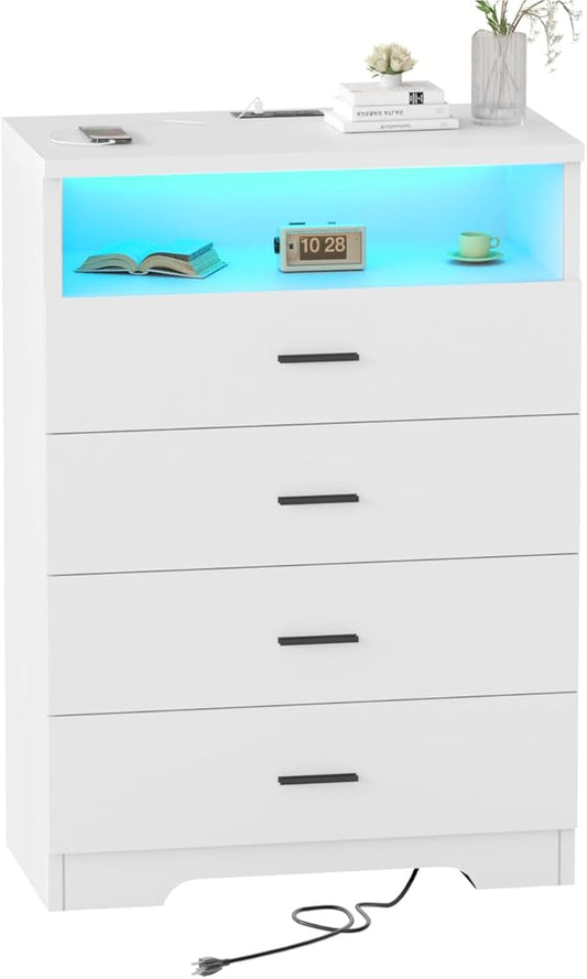 Dresser with Power Outlets and LED Lights Wooden 4 Drawer Dresser with Large