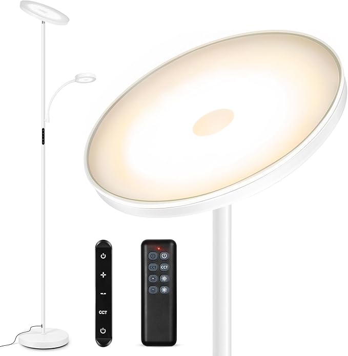 OUTON LED Floor Lamp, 27W/2400LM Modern Torchiere & 7W/ 400LM Reading Lamp, Bright Dimmable Standing Tall Lamp with 4 Color Temperature, Remote Touch Control for Living Room Bedroom Office, White