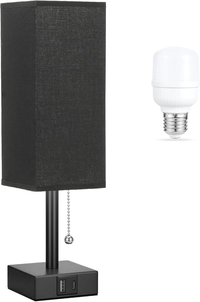 Black Small Table Lamp for Bedroom - 3 Color Temperature 3000K 5000K 4000K Bedside Lamp, Pull Chain Control, USB A and C Charging Ports, Black Base, for Kids Office Dorm Nightstand, Bulb Included
