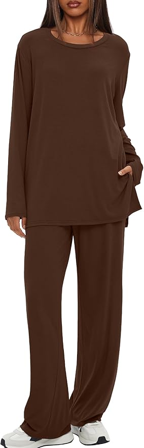 Darong Women's 2 Piece Lounge Set Casual Long Sleeve Crew Neck Tops Wide Leg Pants Travel Airport Outfit Matching Sets