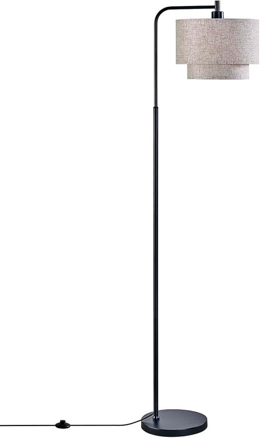 64" Modern Floor Lamp for Living Room Bedroom, Arc Floor Lamp with 3 Color Temperatures, Standing Lamp with Double Oatmeal Linen Lampshade, Tall Lamp with A19 12W LED Bulb, Foot Switch Control, Black