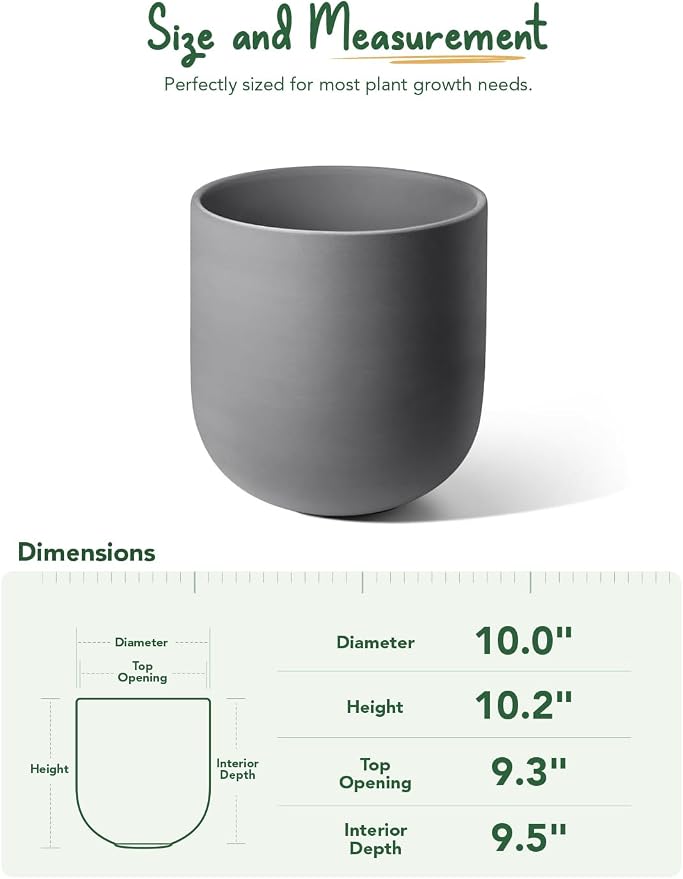 LE TAUCI 10 Inch Plant Pot, Ceramic Pots for Plants with Drainage Hole and Rubber Plug, Plant Pots Indoor for Home Garden Patio Office, Cylinder Planters for Indoor Plants, Charcoal Gray