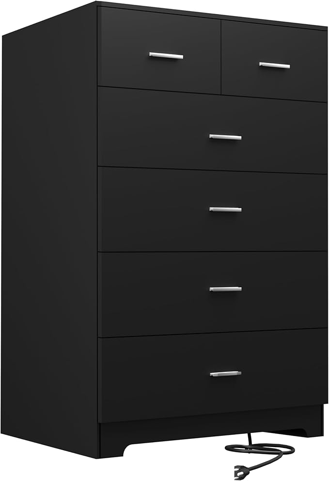 Dresser with Power Outlets Wooden 6 Drawer Dresser with Large Organizer Black