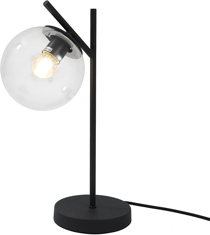 Mid Century Table Lamp Vintage Bedroom Desk Lamp Black Nightstand Lamp Contemporary Clear Glass Globe Bedside Lamp for Office Study Room