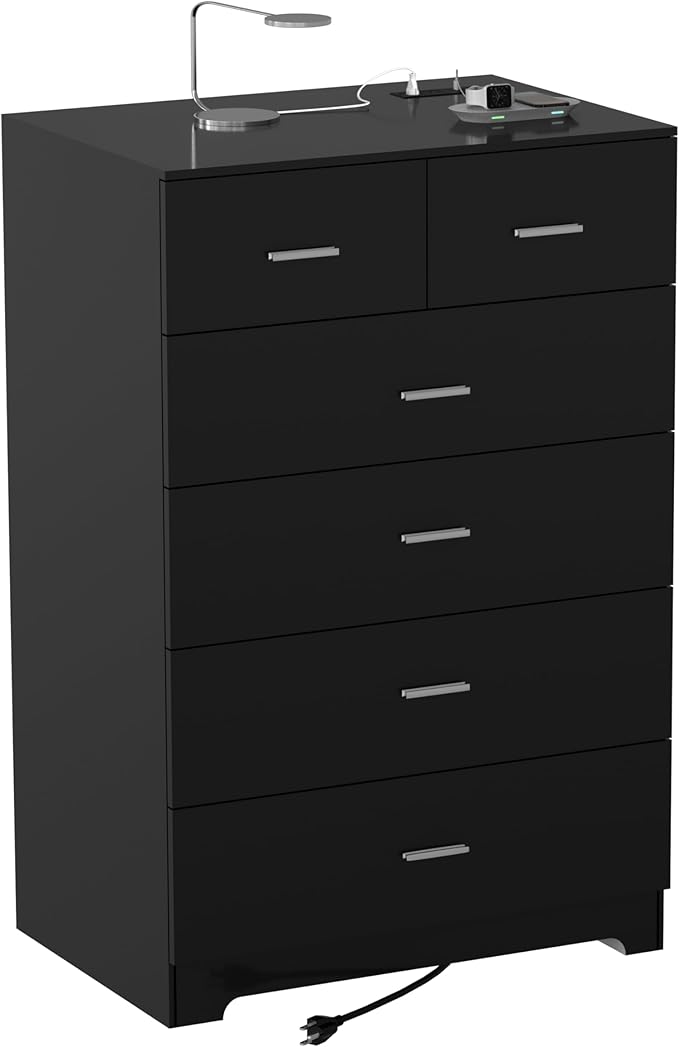 Dresser with Power Outlets Wooden 6 Drawer Dresser with Large Organizer Black