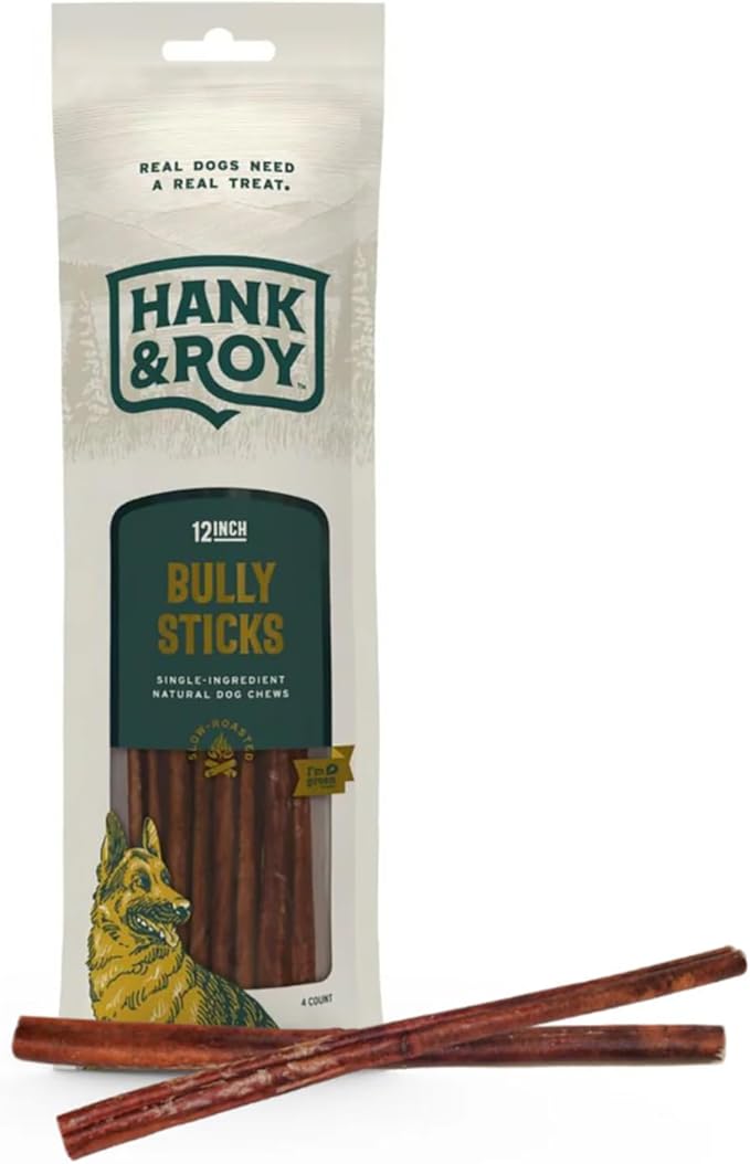 Hank & Roy All-Natural, Single-Ingredient Dog Bully Sticks, Long Lasting, Easily Digestible Dog Chews, Antibiotic and Hormone Free 12” Beef Pizzle Sticks for Dogs, Pack of 4