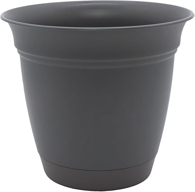 The HC Companies Eclipse Round Planter with Saucer - Outdoor & Indoor Plant Pot with Drainage Holes - Lightweight, UV-Resistant Plastic Pots for Plants, Flowers & Herbs (8" Warm Gray, Pack of 1)
