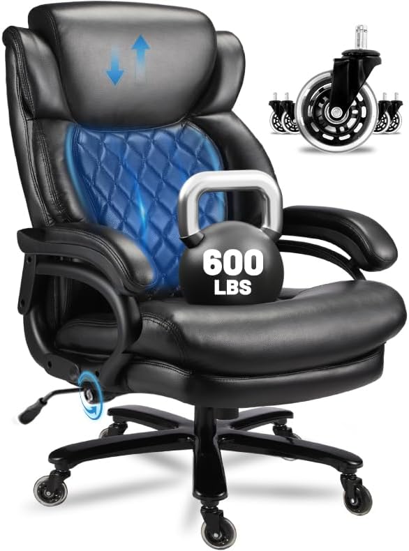 600lbs Big and Tall Office Chair, Executive Chair with Adjustable Headrest, High Back Extra Wide Seat, Heavy Duty PU Leather for Home Office, Comfortable Large Computer Desk Chair