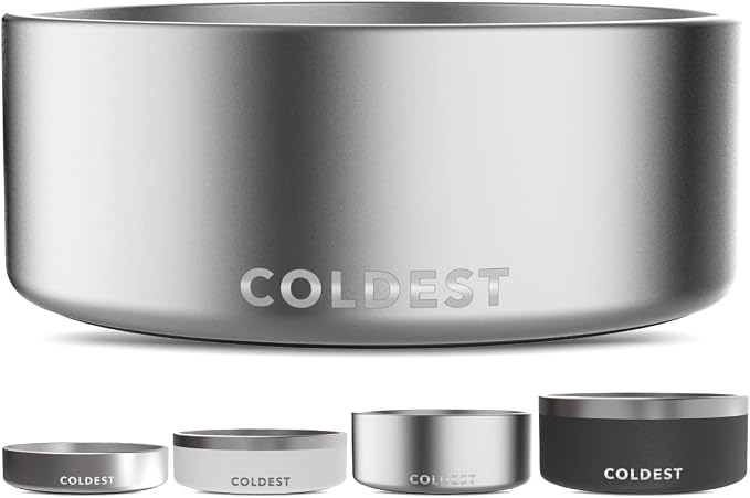 Coldest Dog Bowl - Anti Rust Metal, Non Slip, 3 Layers Insulated Stainless Steel Dog Bowls - Spill Proof & Heavy Duty - Water Bowl for Dogs, Cats, Dish Washer Safe (64 oz, Polished Stainless Steel)