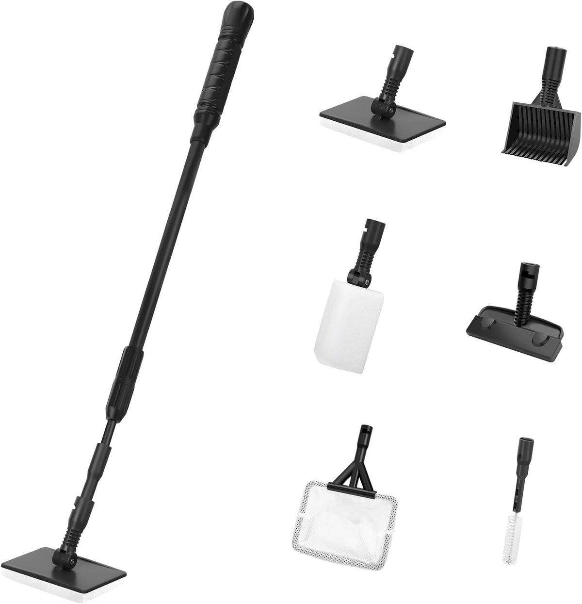 AQUANEAT 6 in 1 Fish Tank Cleaning Tools, Aquarium Cleaner Set with Adjustable Handle, Including Algae Scraper, Sponge Pad, Fish Net, and Brush