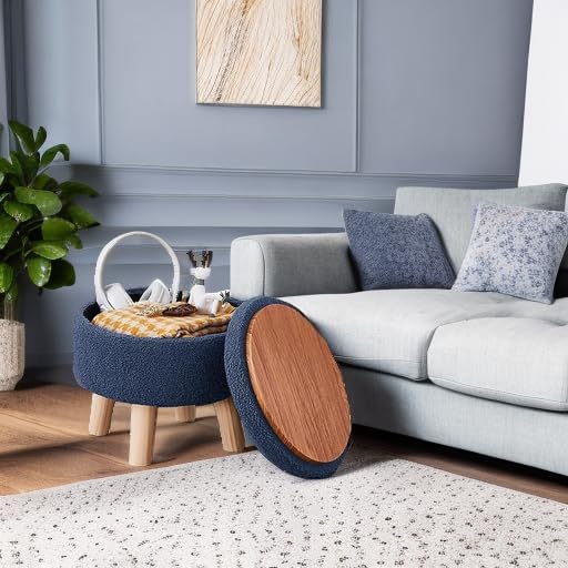 Wimarsbon Storage Ottoman, Modern Round Footrest with Soft Padded Seat, Teddy Velvet Footstool with Wood Legs, Accent Small Table or Plant Stand for Hallway, Living Room (Grey-Blue)