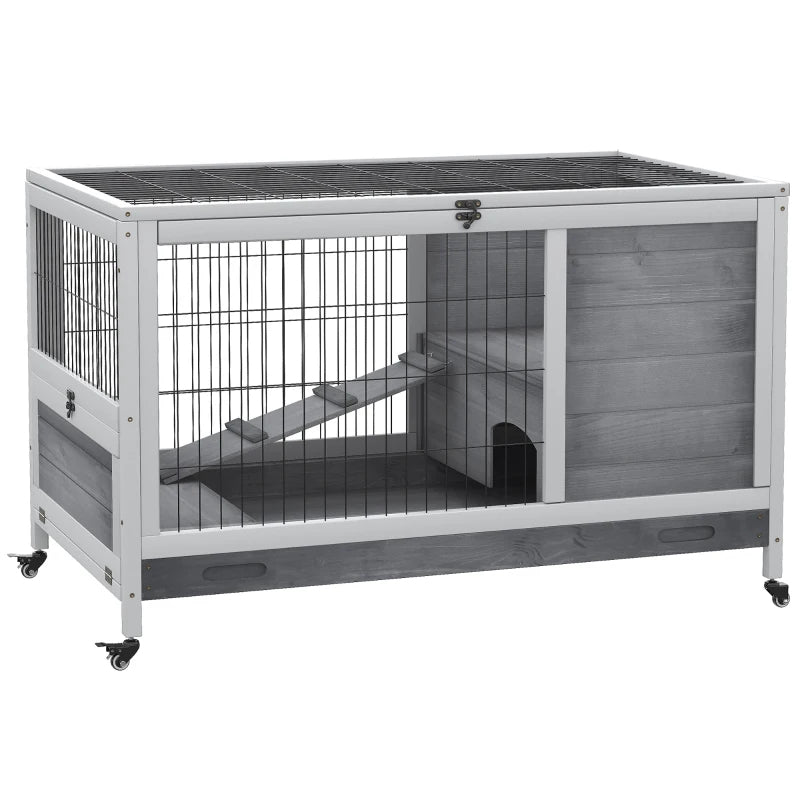 PawHut Indoor Rabbit Enclosure, Wooden Elevated Cage Habitat With Enclosed Run With Wheels - Ideal For Rabbits And Guinea Pigs
