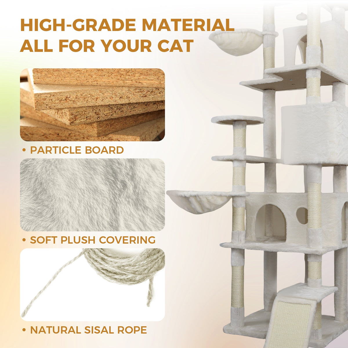 84 in Beige cat tree tower with large condo sisal scratching post big hammock and top platform