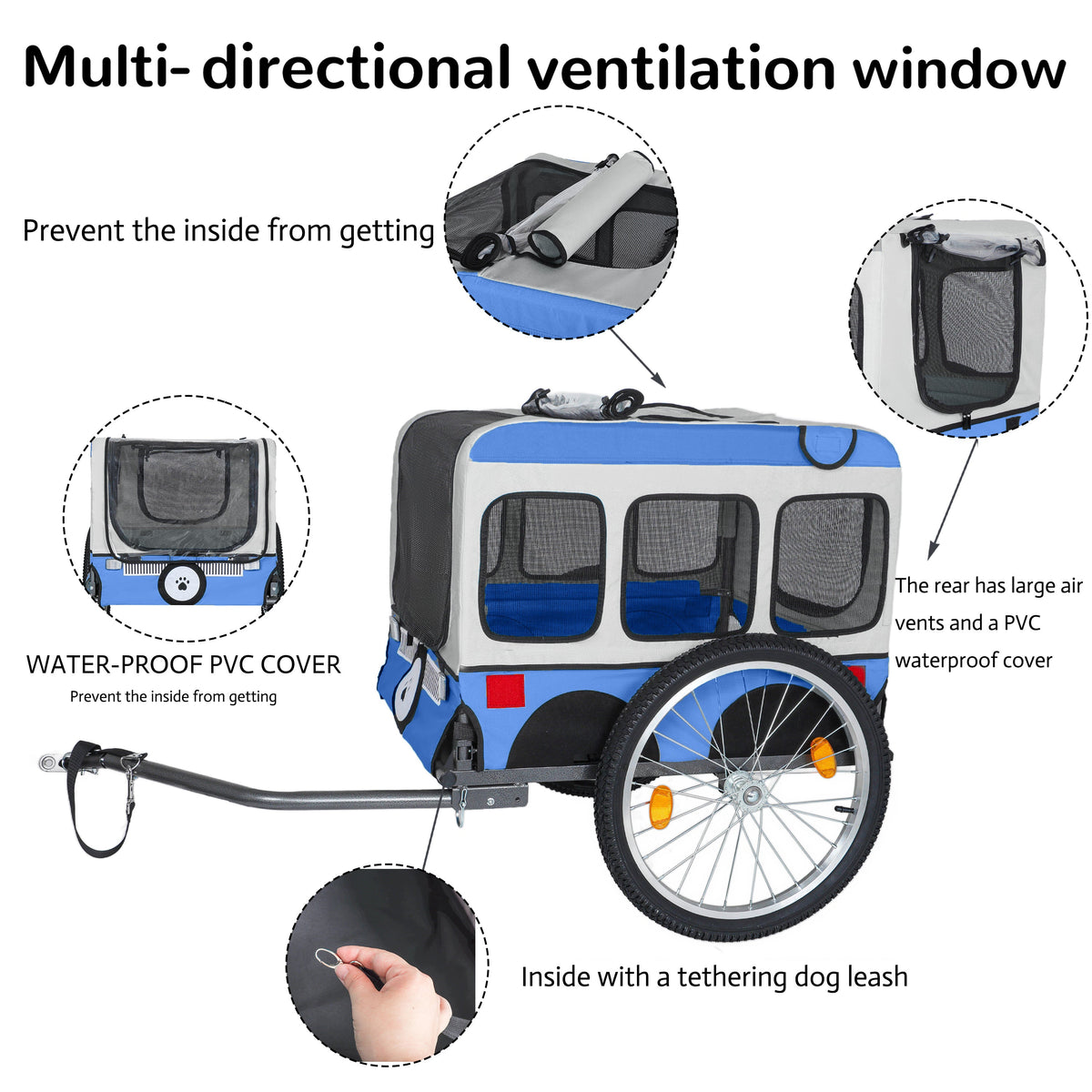 Large Folding Bike Trailer for Dogs - 20×2 1/8 Inches Wheels, Heavy-Duty Steel Frame, Spacious Design, All-Terrain Cycling, Jogging & Camping Adventure, Blue