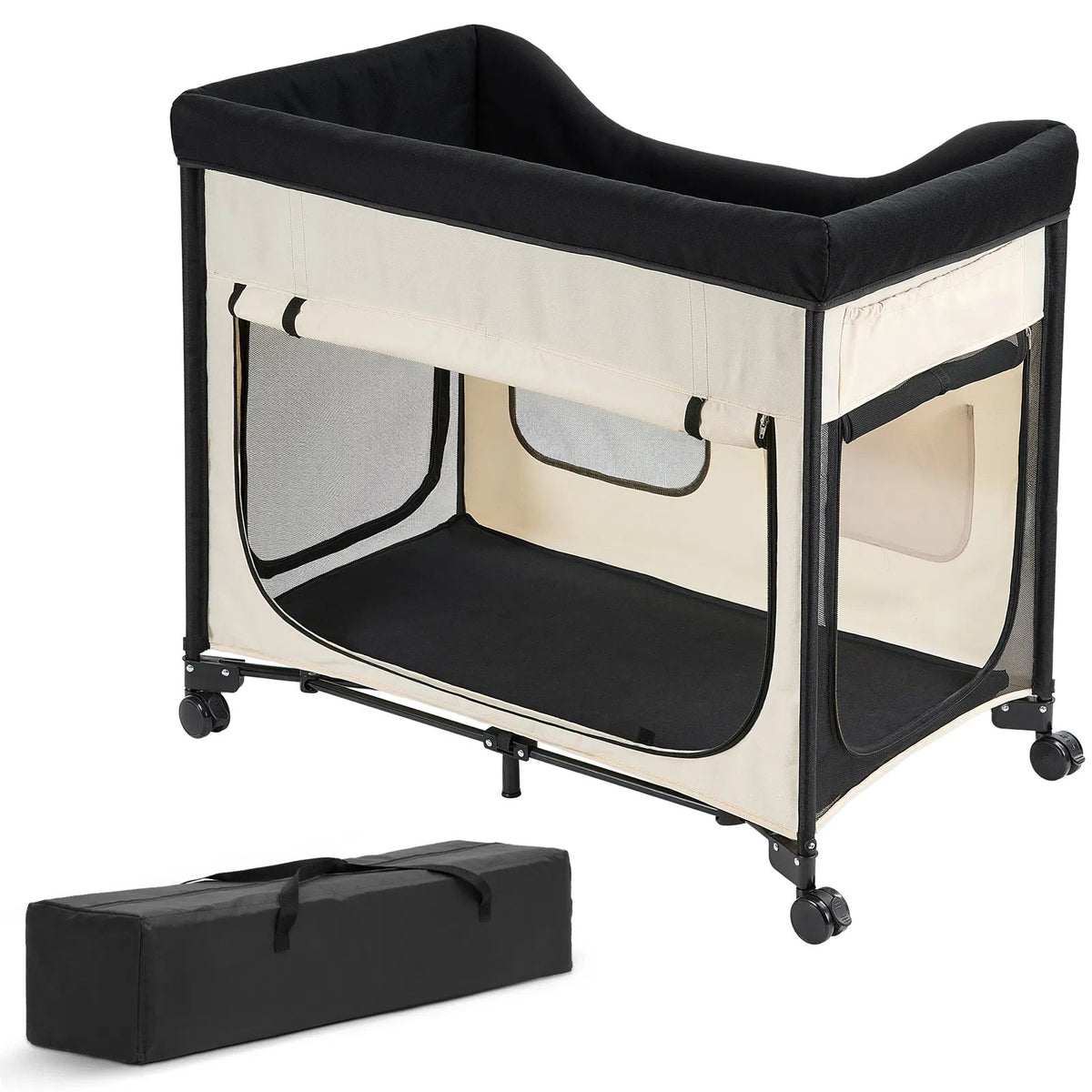 Elevated Lounge Dog Bed XL, Foldable Raised Dog Bed Cot For Large Dogs & Cats, Portable Pet Bed With Wheels, 600D Oxford Cloth & Dutch Velvet Cushion, Indoor & Outdoor Dog Bed With Side Storage Bags,
