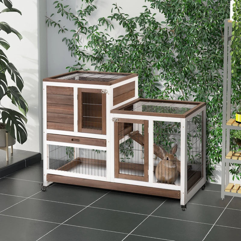 PawHut Wooden Rabbit Hutch Elevated Bunny Cage Indoor Small Animal Habitat With Enclosed Run With Wheels, Ramp, Removable Tray For Rabbits, Chickens, Ducks, Guinea Pigs, Brown