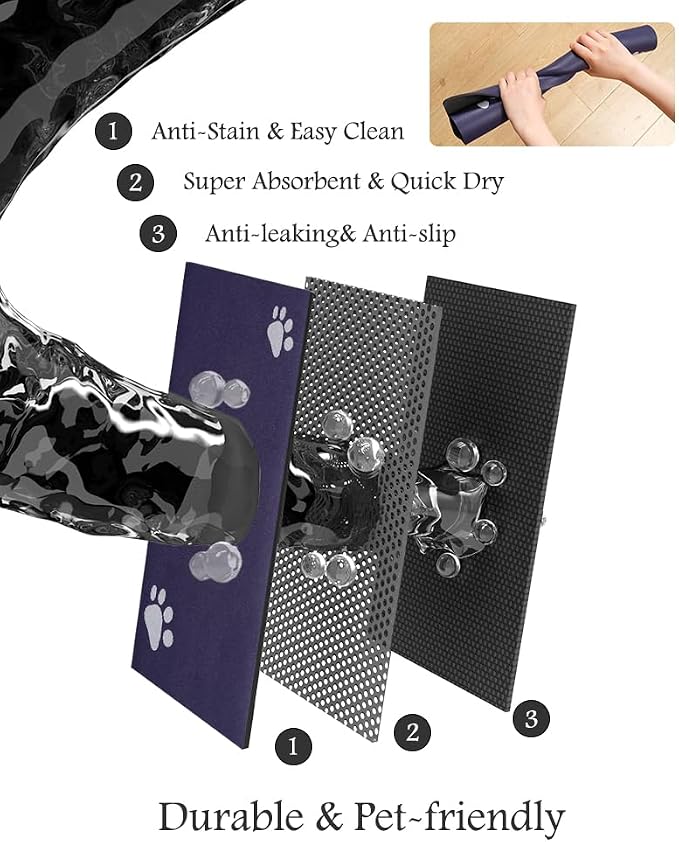Pet Feeding Mat-Absorbent Dog Mat for Food and Water Bowl-No Stains Quick Dry Water Dispenser Mat-Dog Accessories Pet Supplies-Bowl for Messy Drinkers（Navy,23"x34"