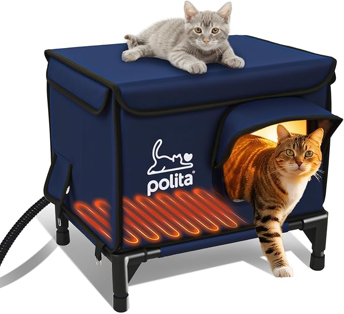 Rugged Heated Cat House for Outdoor Cats in Winter, Extremely Insulated & 100% Weatherproof, Elevated Feral Cat Shelter with Waterproof Eaves & Safe Escape Door for Stray & Barn Cats