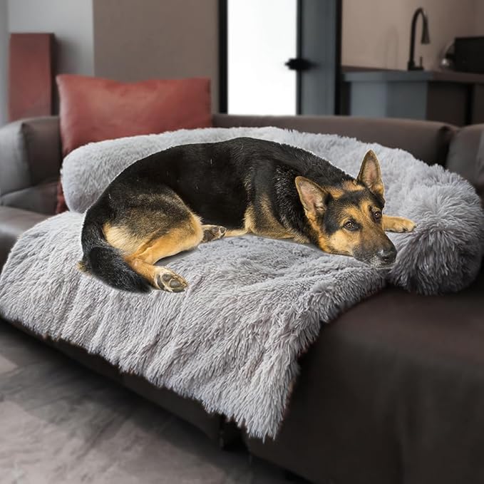 Calming Dogs/Cats Bed Mats, Dog Pad Washable Removable Couch Cover, Plush Long Fur Mat for Pets, Waterproof Lining, Perfect for Small, Medium and Large Dogs and Cats (Light Gray, 45"x37")