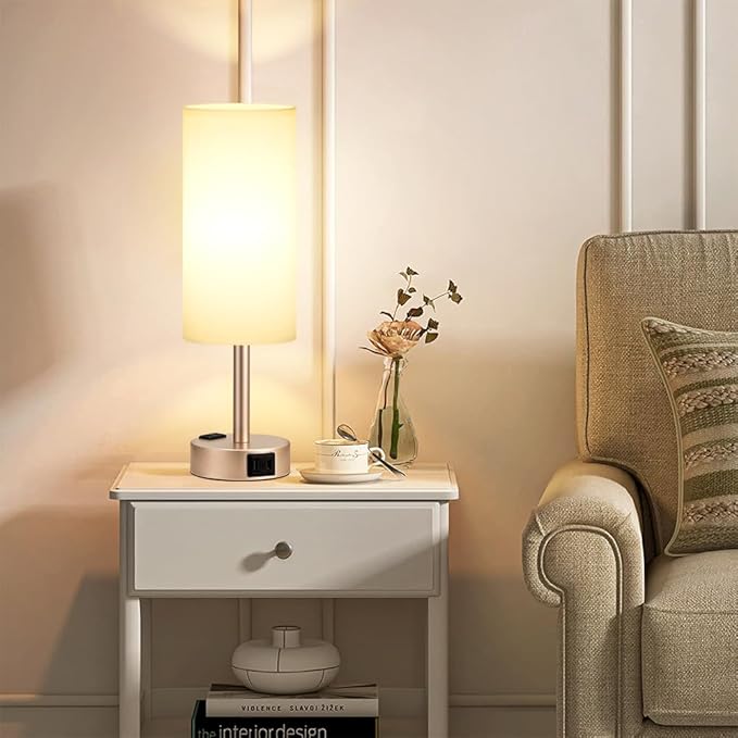 Antique White Bedside Table Lamp for Bedroom - 3 Way Dimmable Touch Lamp USB C Charging Ports and AC Outlet, Small Lamp Gold Base Round Flaxen Fabric Shade for Living Room, Desk, LED Bulb Included