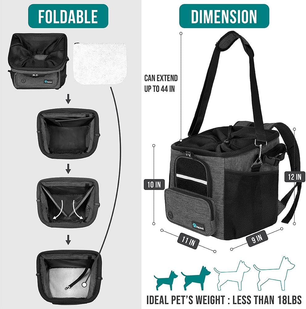 PetAmi Dog Bike Basket, Soft-Sided Ventilated Dog Bike Carrier Backpack, Pet Bicycle Basket for Bike Handlebar, Small Medium Puppy Cat Kitten Car Booster Seat with Safety Strap, Max 18 lbs, Dark Gray