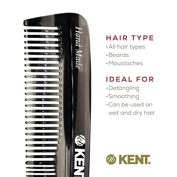 Kent R7TG Black Graphite Double Tooth Hair Pocket Comb, Small Fine/Wide Tooth Comb For Styling Hair, Beard and Mustache, for Men, Women and Kids. Saw Cut and Hand Polished. Handmade in England