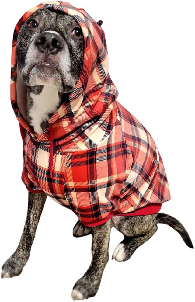 Spark Paws Dog Hoodie – Premium Dog Sweater for Small, Medium, and Large Dogs | Warm Outfits for French Bulldogs, Pitbull, Puppy, Winter Jacket Alternative - Red Plaid, 3XL