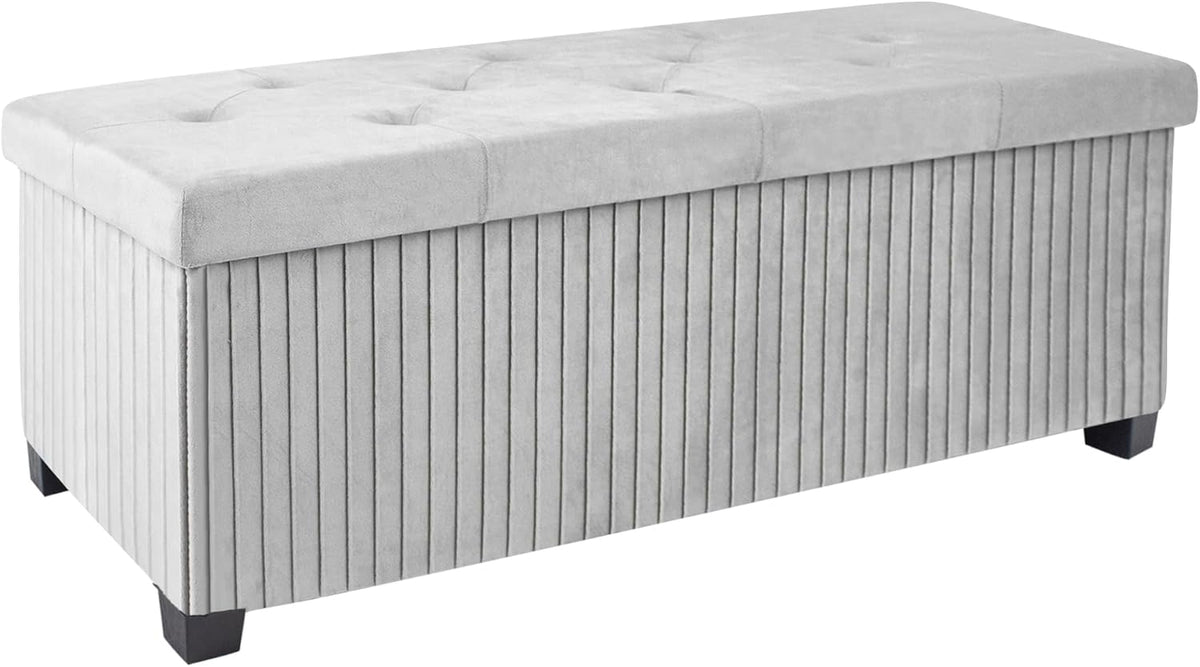 Storage Ottoman Bench, 43 Inch Foldable Ottoman with Legs, Velvet Foot Rest Stool, End of Bed Bench, Storage Chest for Living Room, Bedroom (Grey)