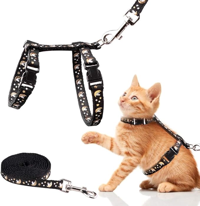 Cat Harness and Leash Set Gold Moons Stars Soft Nylon Escape Proof Adjustable for Kittens Small Animals Glow in The Dark (Black)
