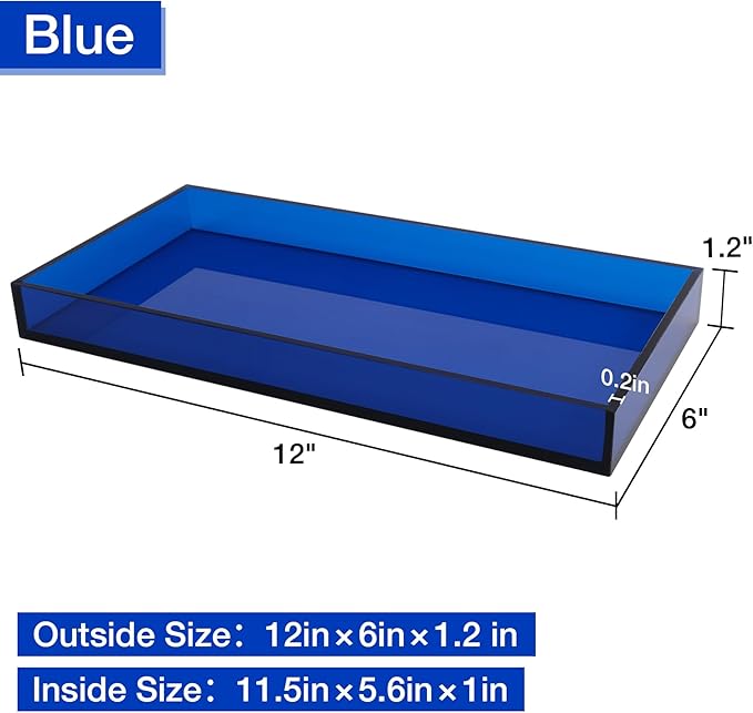 Acrylic Tray 5mm Thicken for Vanity Makeup, Perfume, Jewelry Holder, Napkin, Blue 12x6'' Decorative Serving Tray for Bathroom, Toilet Tank, Sink Countertop, Living Room,Dresser, Coffee Table