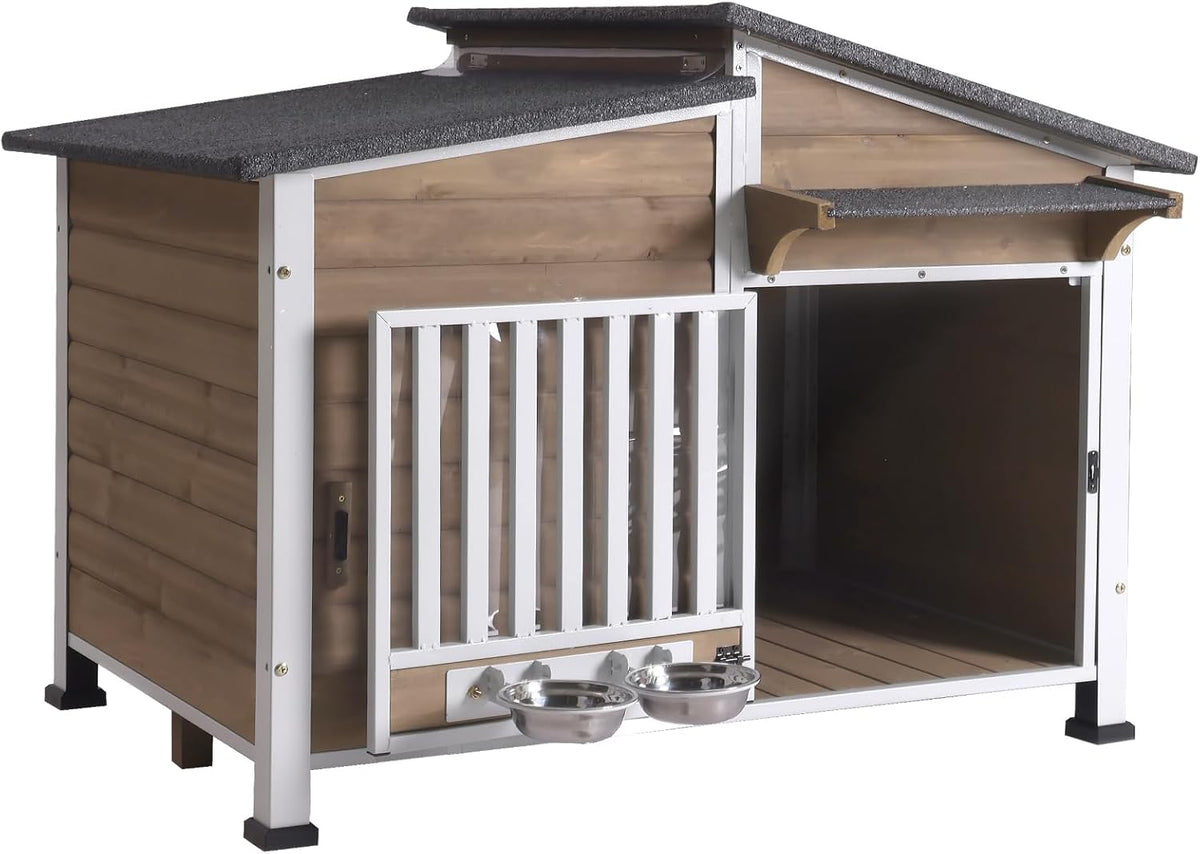 GUTINNEEN Dog House Outdoor Dog Kennel with Chew-Proof Metal Frame, Rotating Food Bowl, PVC Door Curtain, Weatherproof for Small Medium Dogs, 39.7" L x 25.5" D x 32.2" H (Light Brown)