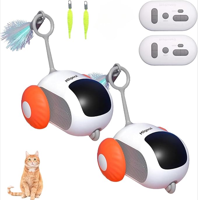 Turbo Tail 3.0 Interactive Cat Toy - Smart Remote Control Electric Mouse with Feathers, 3 Play Modes (Smart/Manual/Standby), Auto Obstacle Avoidance, Type-C, 8H Playtime - Orange (2 PCS)