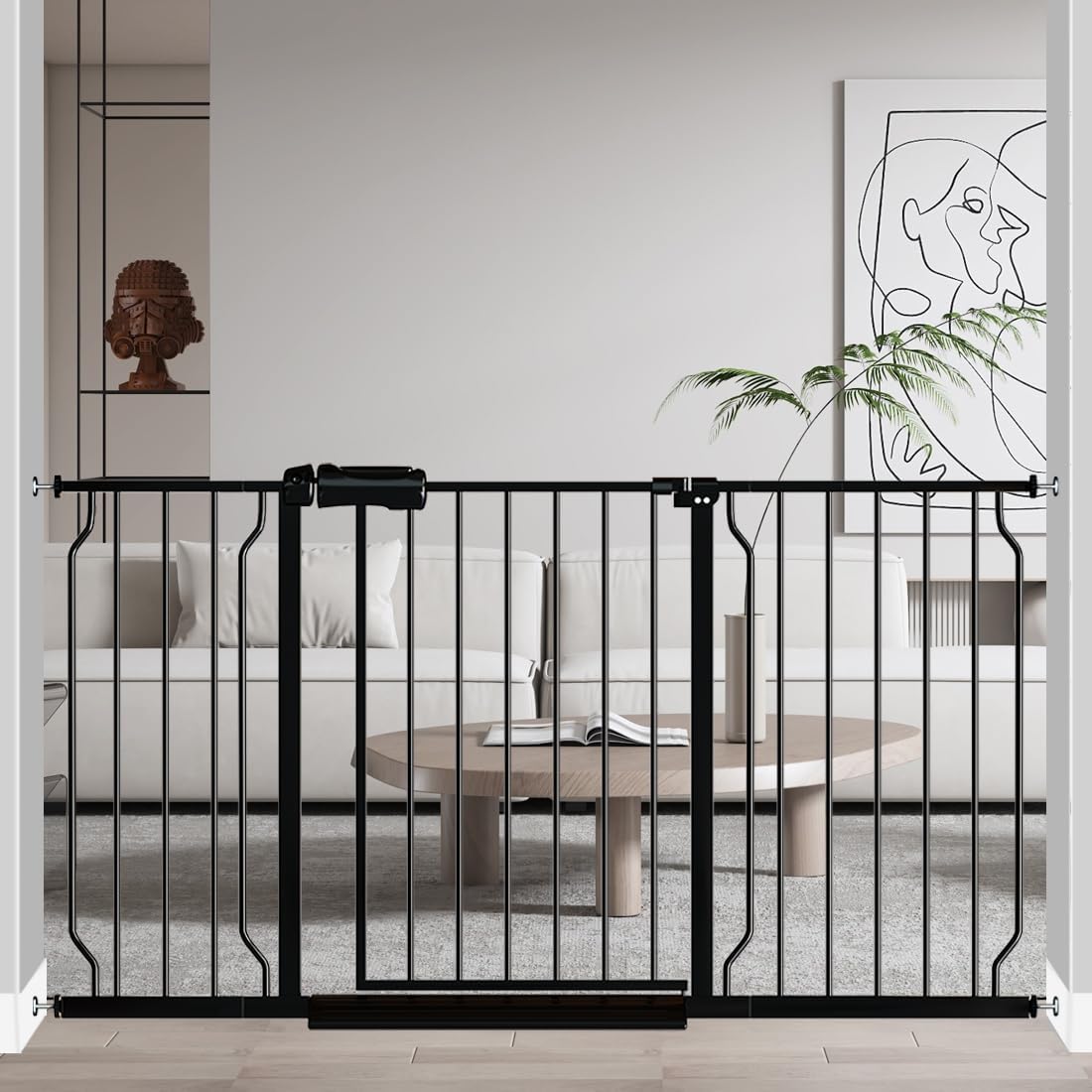 Fairy Baby Extra Wide Baby Gate Black 53-57.5 Inch Wide, Walk Through Pressure Mounted No Drill, Long and Large Tension Gate for Pet and Kids