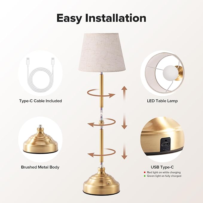 Cordless Table Lamp, Rechargeable Desk Lamp with Fabric Shade, 5400mAH Battery Operated 3 Color Stepless Dimming, Portable Touch Bedside Lamp Home Decor for Dining, Counter (Brushed Gold)