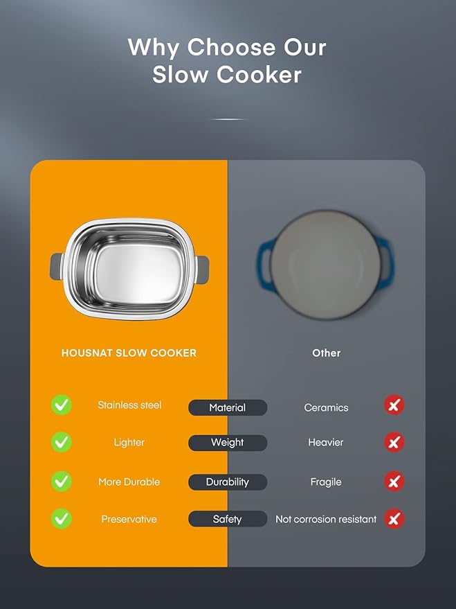 HOUSNAT Slow Cooker, 10 in 1 Programmable Cooker, 304 Stainless Steel Rice